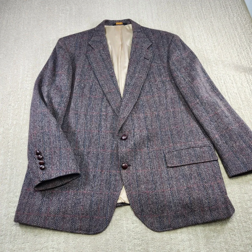 Vintage Manx Tweed Blazer Men 46 Herringbone Handwoven Wool Leather Button‎